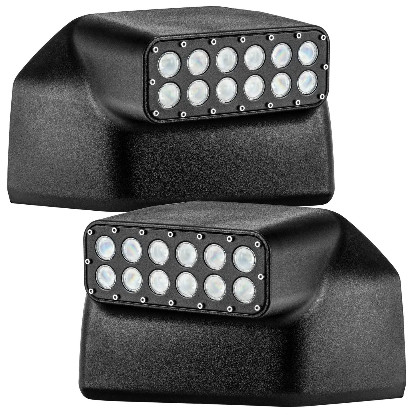 Oracle Lighting The Off-Road mirror caps offer a clean almost OEM look. They are installed using the factory mounts. The advanced LED optics are set at a 45 degree angle to best help the driver in off-road activities.