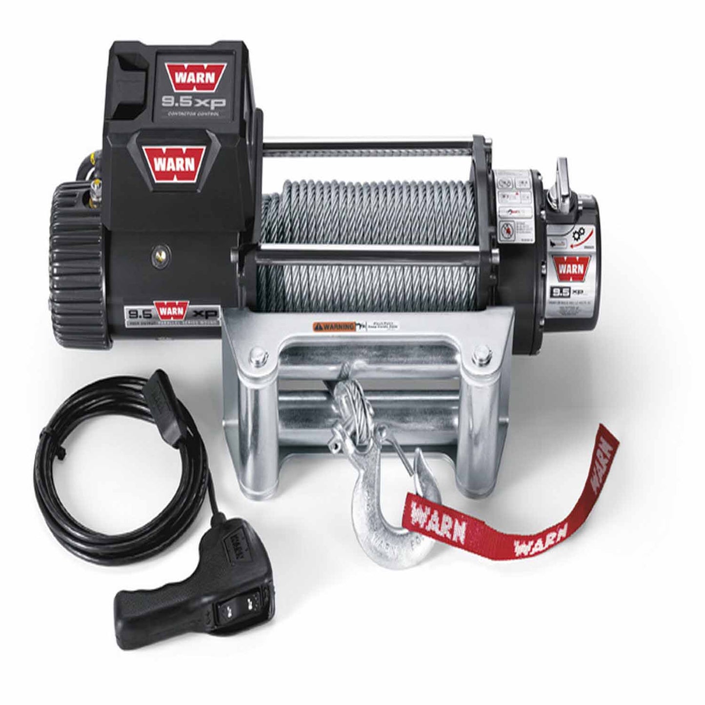 Warn Vehicle Mounted; Vehicle Recovery Winch; 12 Volt Electric; 9500 Pound Line Pull Capacity; 100 Foot Wire Rope; Roller Fairlead; Wired Remote; Planetary Gear Drive; Requires Winch Carrier or Winch Mount