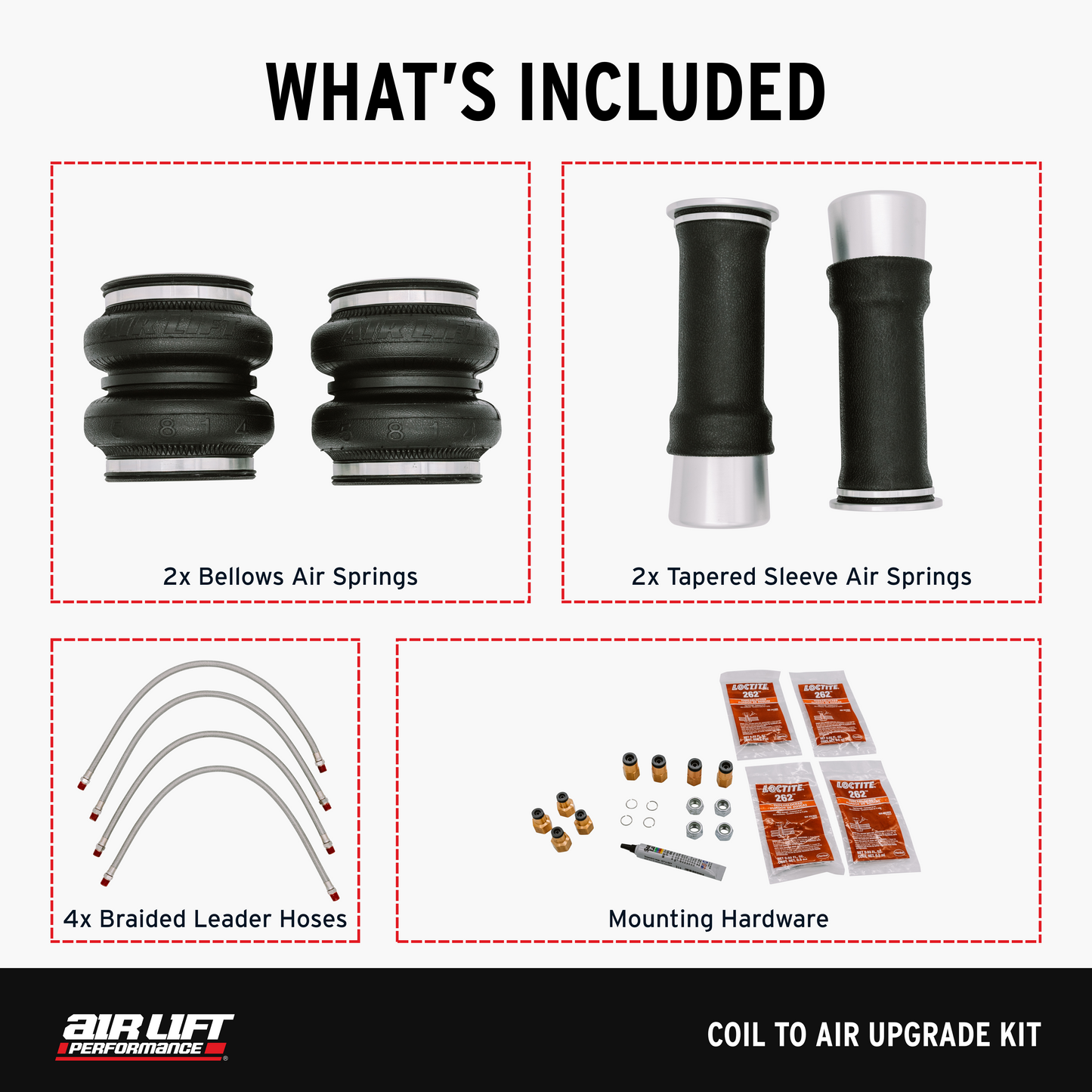 Air Lift Performance Coil to Air Upgrade kit for Coilover kit PN 79011 for the 2014-2024 Infiniti Q50 with ball lower mount (does not fit models with 2.0T engine)(fits RWD models only), 2016-2022 Infiniti Q60 (fits RWD models only)– 83011