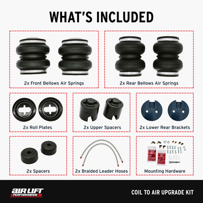 Air Lift Performance Coilovers statically lower your vehicle's stance, but the Coil to Air Upgrade kits allow Performance Coilover customers to upgrade their suspension to dynamic air suspension, providing functionality and performance