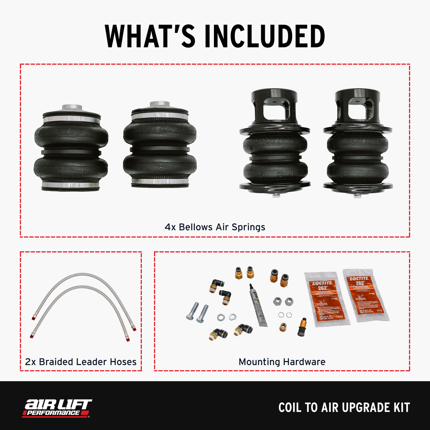 Air Lift Performance Coil to Air Upgrade kit for Coilover kit PN 79013 for the 03-06 Infiniti G35 Sedan, 03-07 G35 Coupe, 03-08 Nissan 350z (Coupe & Roadster) (Fits RWD and front fork lower mount models only) – 83013