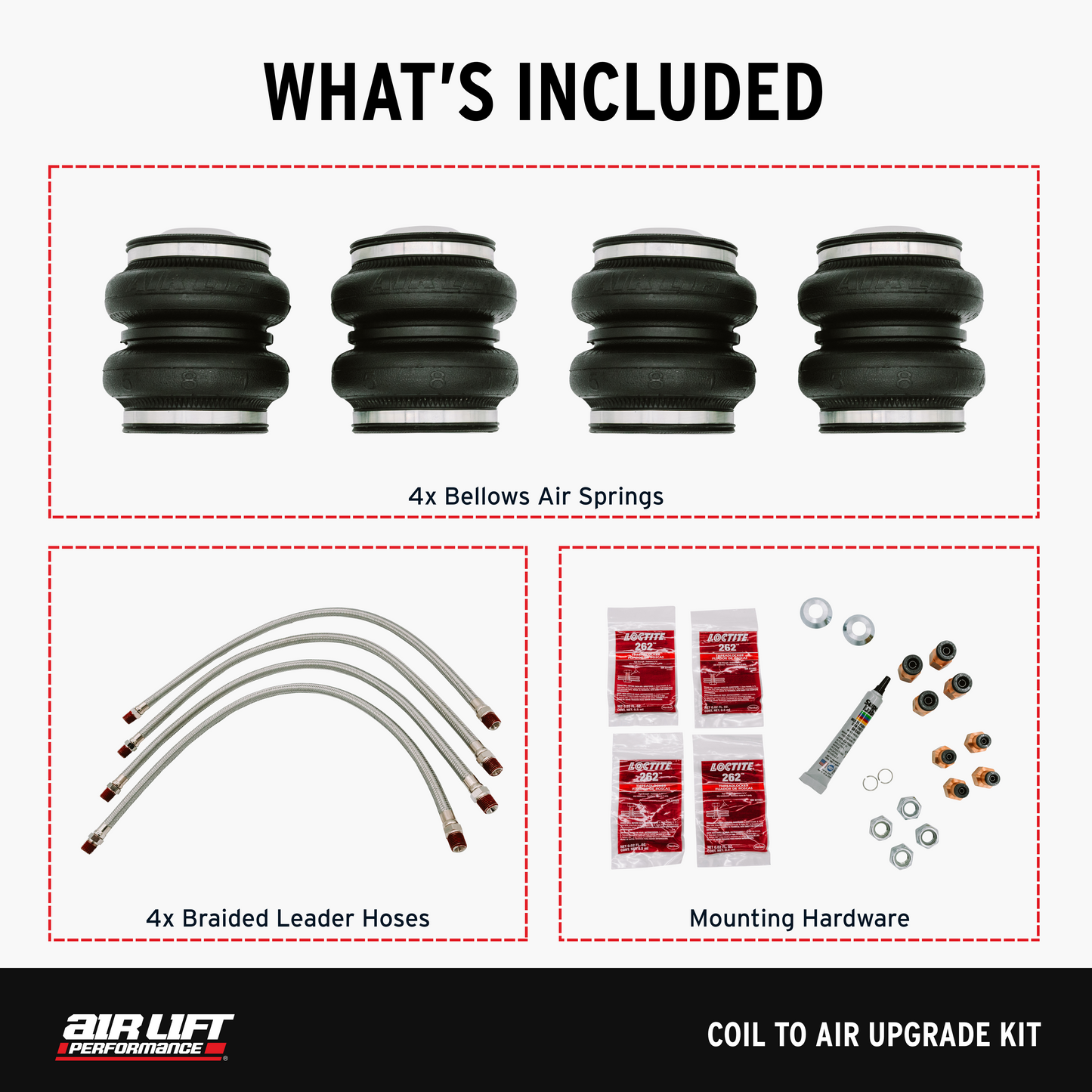 Air Lift Performance Coilovers statically lower your vehicle's stance, but the Coil to Air Upgrade kits allow Performance Coilover customers to upgrade their suspension to dynamic air suspension, providing functionality and performance