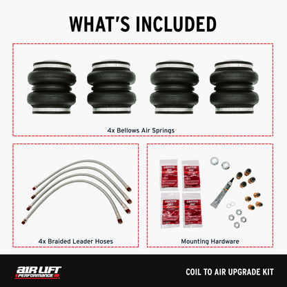 Air Lift Performance Coilovers statically lower your vehicle's stance, but the Coil to Air Upgrade kits allow Performance Coilover customers to upgrade their suspension to dynamic air suspension, providing functionality and performance