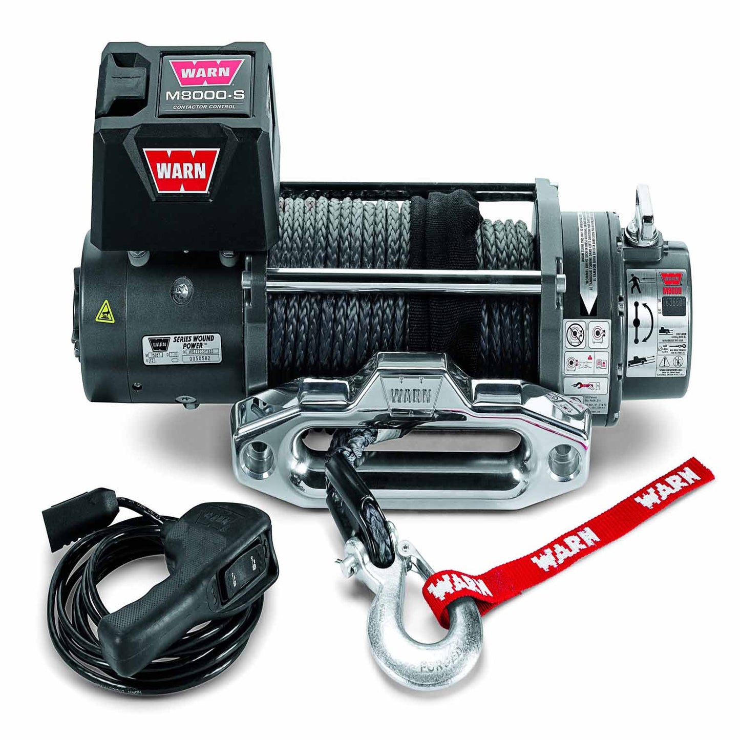 Warn Vehicle Mounted; Vehicle Recovery Winch; 12 Volt Electric; 8000 Pound Line Pull Capacity; 100 Foot Synthetic Rope; Hawse Fairlead; Wired Remote; Planetary Gear Drive; Requires Winch Carrier or Winch Mount