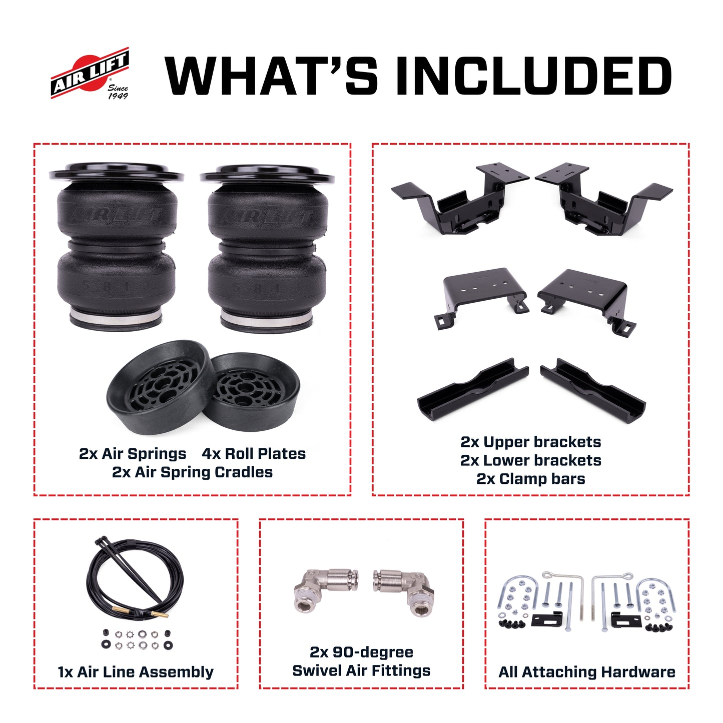 Air Lift LoadLifter 5000 Ultimate load support kit with Air Spring Cradles for the 2024-2025 Chevy Silverado 2500 HD ZR2/2024-2025 GMC Sierra 2500 HD AT4X 4WD, PN 88408, offers up to 5,000 lbs. of load-leveling capacity.