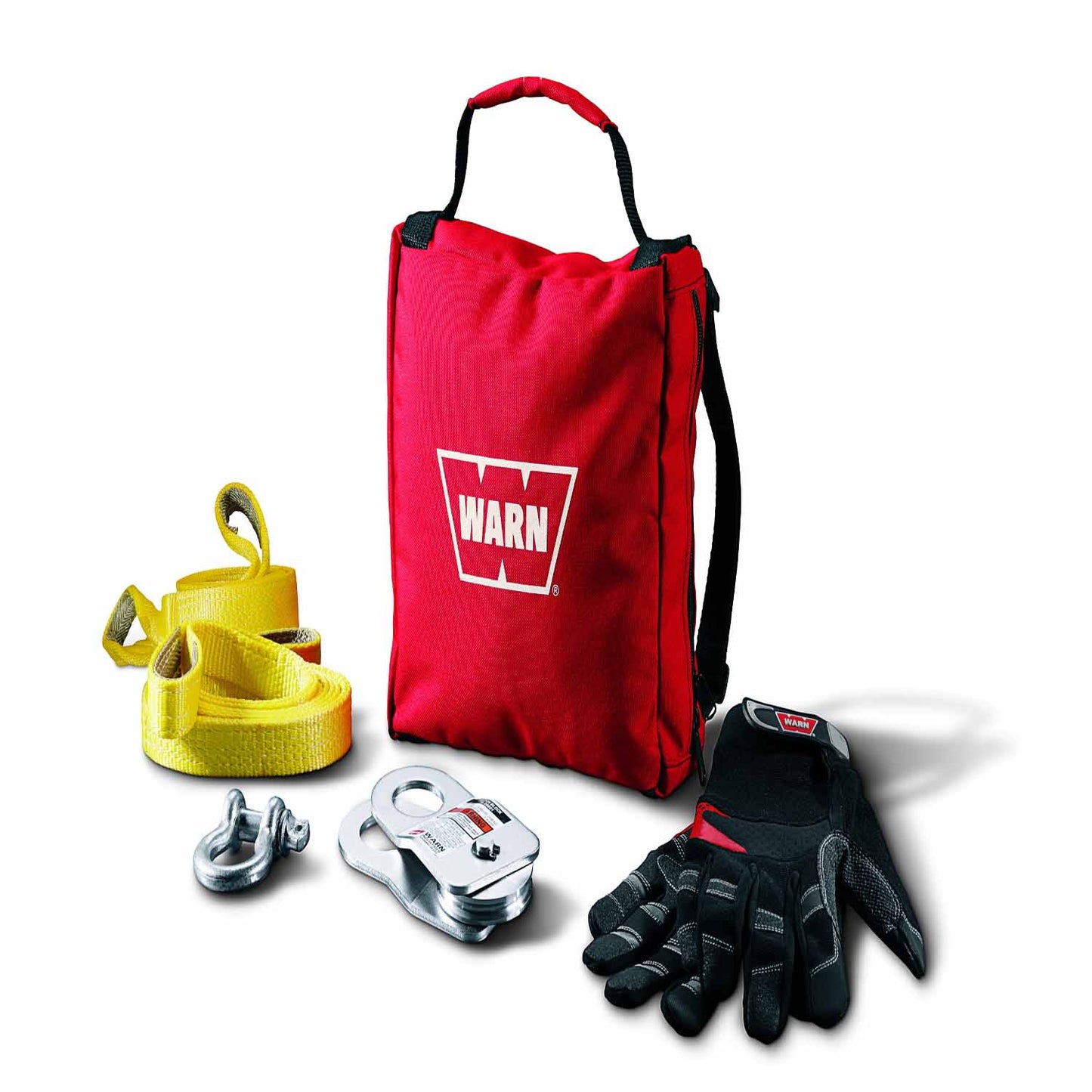 Warn recovery kit for winch capacities up to 4500 lbs. Includes 9000 Pound Capacity Snatch Block; 2 Tree Trunk Protectors; 1/2 Inch D-Shackle; Pair of Winching Gloves in a Red Gear Bag