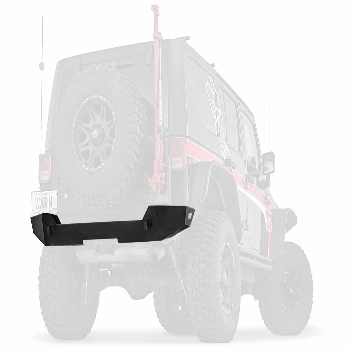 Warn One Piece Design; Direct-Fit; Mounting Hardware Included; Without Tow Hook Mounts/ With D-Ring Mounts; Works With Factory Receiver Hitch; Powder Coated Black Steel; With Tire Carrier Mount