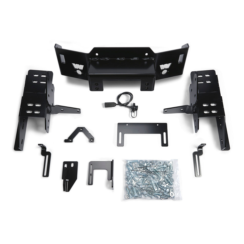 Warn Mounts WARN Large frame winch (16.5ti, M15, M12) behind the factory bumper on Ford Super Duty vehicles. Moves bumper forward approximately 5 inches and requires 98336 skirting kit.