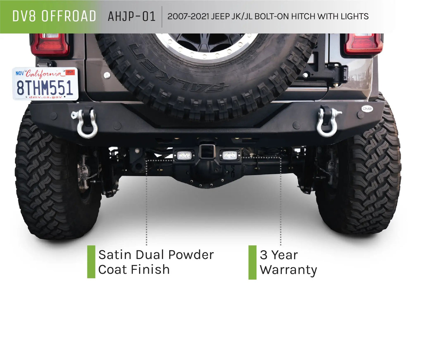DV8 Offroad AHJP-02 is a bolt on hitch for the 07-22 Jeep Wrangler JK & JL. Constructed from steel & protected with a flat black powder coat, the hitch offers a 2in. receiver mount, (2) 3in. cube lights & installs in the factory location by DV8 Offroad