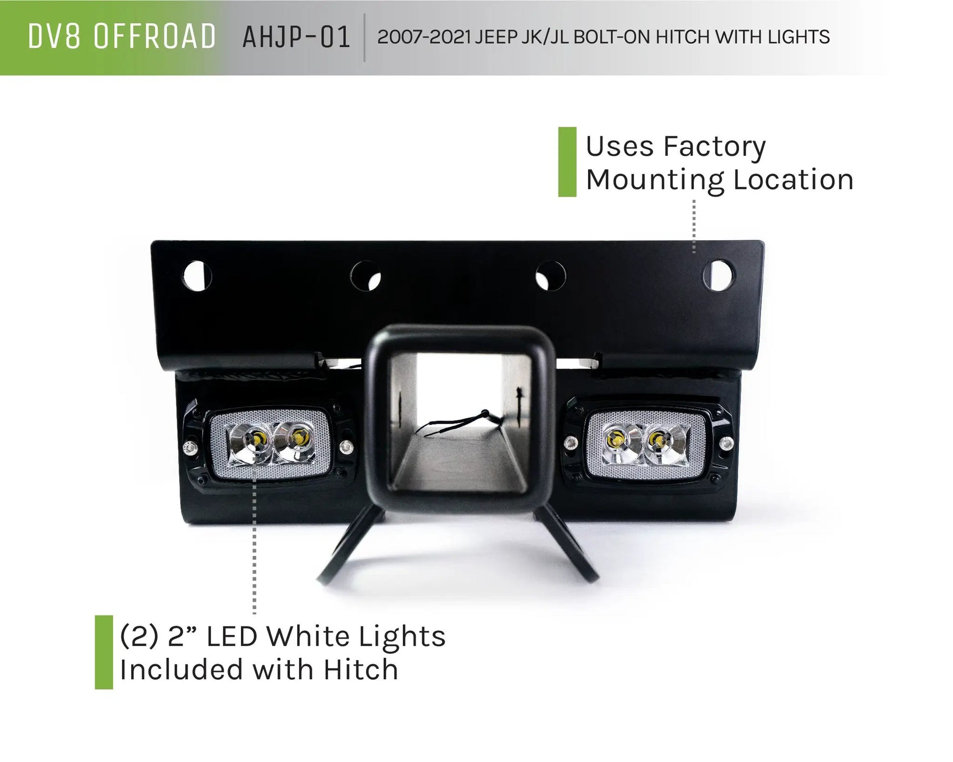 DV8 Offroad AHJP-02 is a bolt on hitch for the 07-22 Jeep Wrangler JK & JL. Constructed from steel & protected with a flat black powder coat, the hitch offers a 2in. receiver mount, (2) 3in. cube lights & installs in the factory location by DV8 Offroad