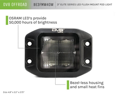 DV8 Offroad 3in. flush mount cube light from the Elite Series lights. Offering a flood beam pattern, the 3in. cube light offers a 4,800 lumen output, a bezel-less IP-68 lens, indirect reflectors, small heat fins & molded mounting plate. by DV8 Offroad