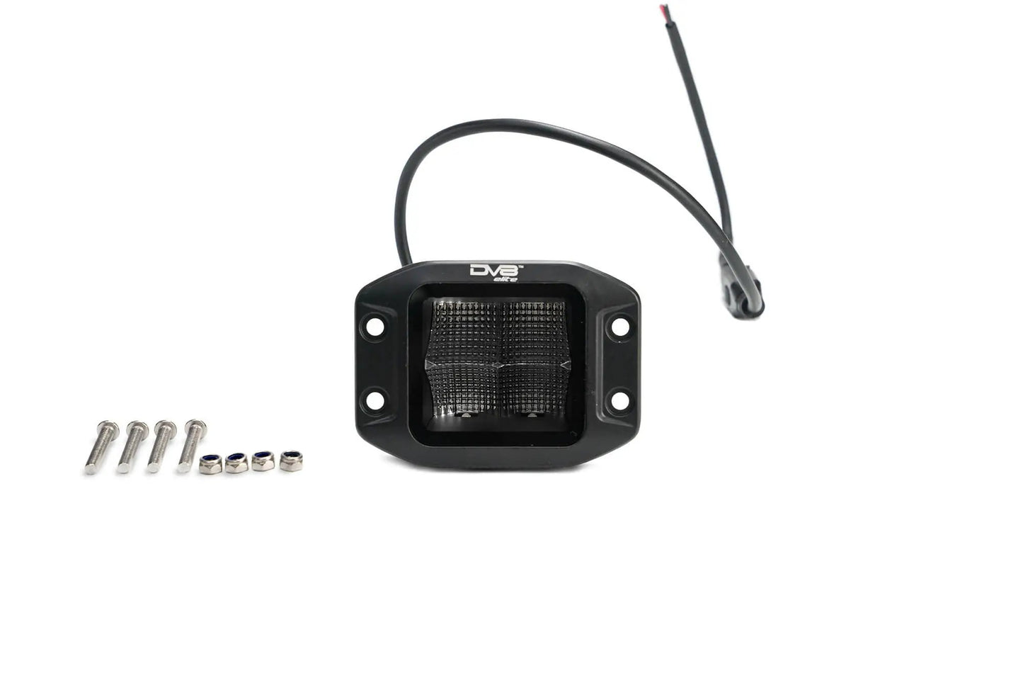 DV8 Offroad 3in. flush mount cube light from the Elite Series lights. Offering a flood beam pattern, the 3in. cube light offers a 4,800 lumen output, a bezel-less IP-68 lens, indirect reflectors, small heat fins & molded mounting plate. by DV8 Offroad