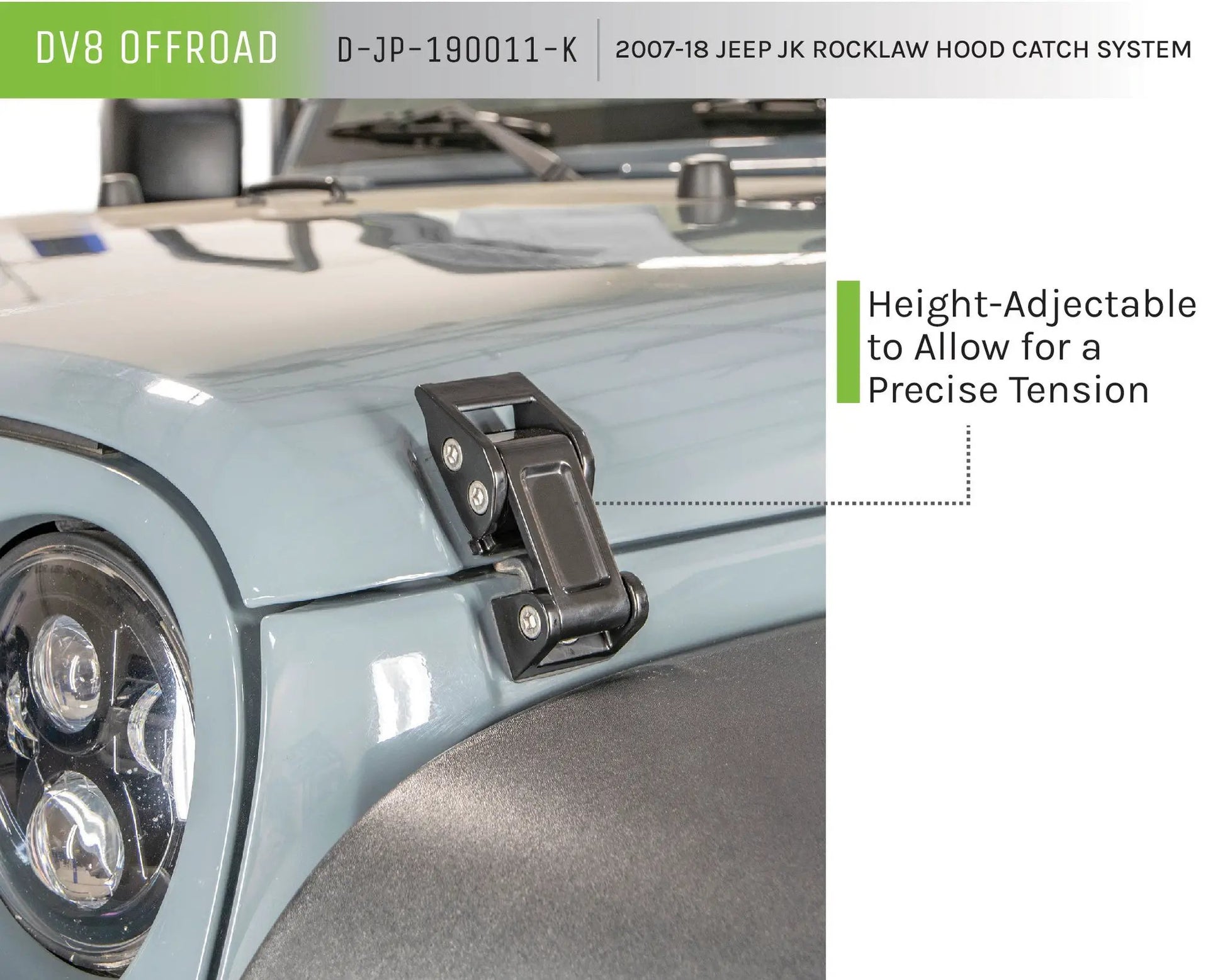 DV8 Offroad 07-18 Jeep JK Rocklaw Hood Catch System; Pair by DV8 Offroad