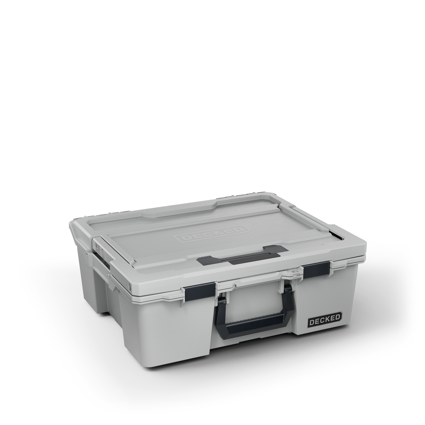 DECKED Halfrack 32 Case - Includes one (1) weatherproof 32-liter latching case and two (2) Case Dividers - In Cool Gray with black latches