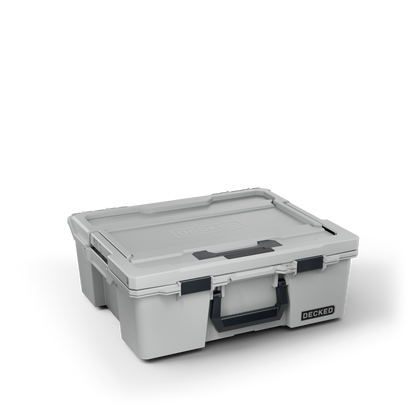 DECKED Halfrack 32 Case - Includes one (1) weatherproof 32-liter latching case and two (2) Case Dividers - In Cool Gray with black latches