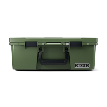 DECKED Halfrack 32 Case - Includes one (1) weatherproof 32-liter latching case and two (2) Case Dividers - In Ranger Green with black latches