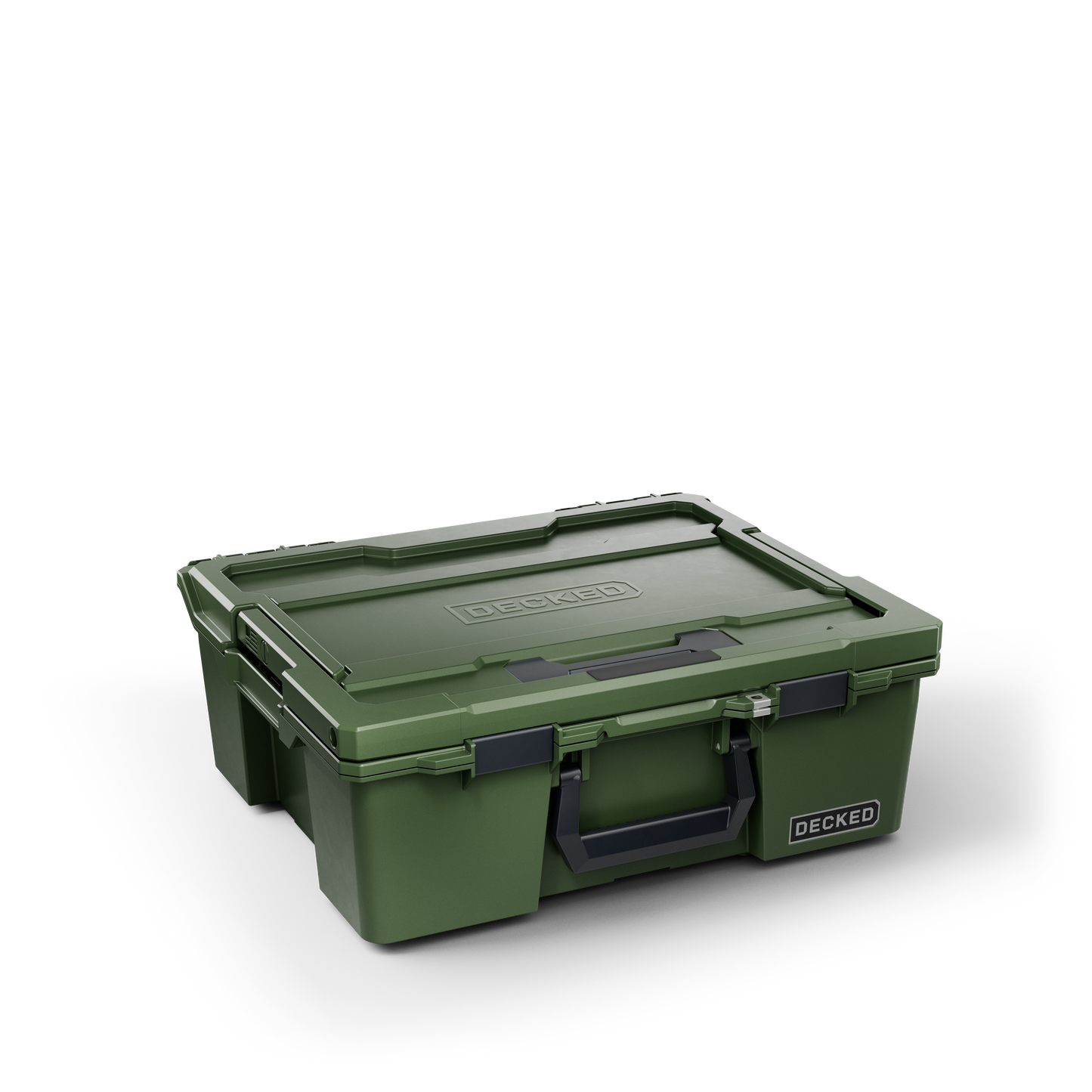 DECKED Halfrack 32 Case - Includes one (1) weatherproof 32-liter latching case and two (2) Case Dividers - In Ranger Green with black latches by DECKED