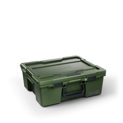 DECKED Halfrack 32 Case - Includes one (1) weatherproof 32-liter latching case and two (2) Case Dividers - In Ranger Green with black latches by DECKED