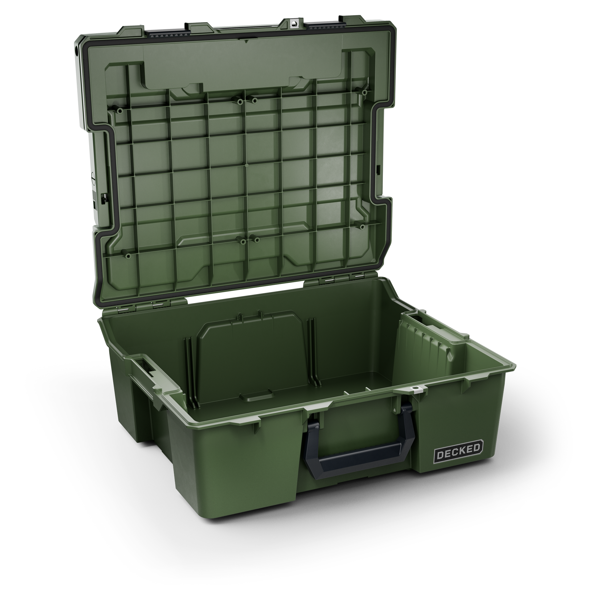 DECKED Halfrack 32 Case - Includes one (1) weatherproof 32-liter latching case and two (2) Case Dividers - In Ranger Green with black latches by DECKED