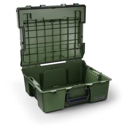DECKED Halfrack 32 Case - Includes one (1) weatherproof 32-liter latching case and two (2) Case Dividers - In Ranger Green with black latches by DECKED