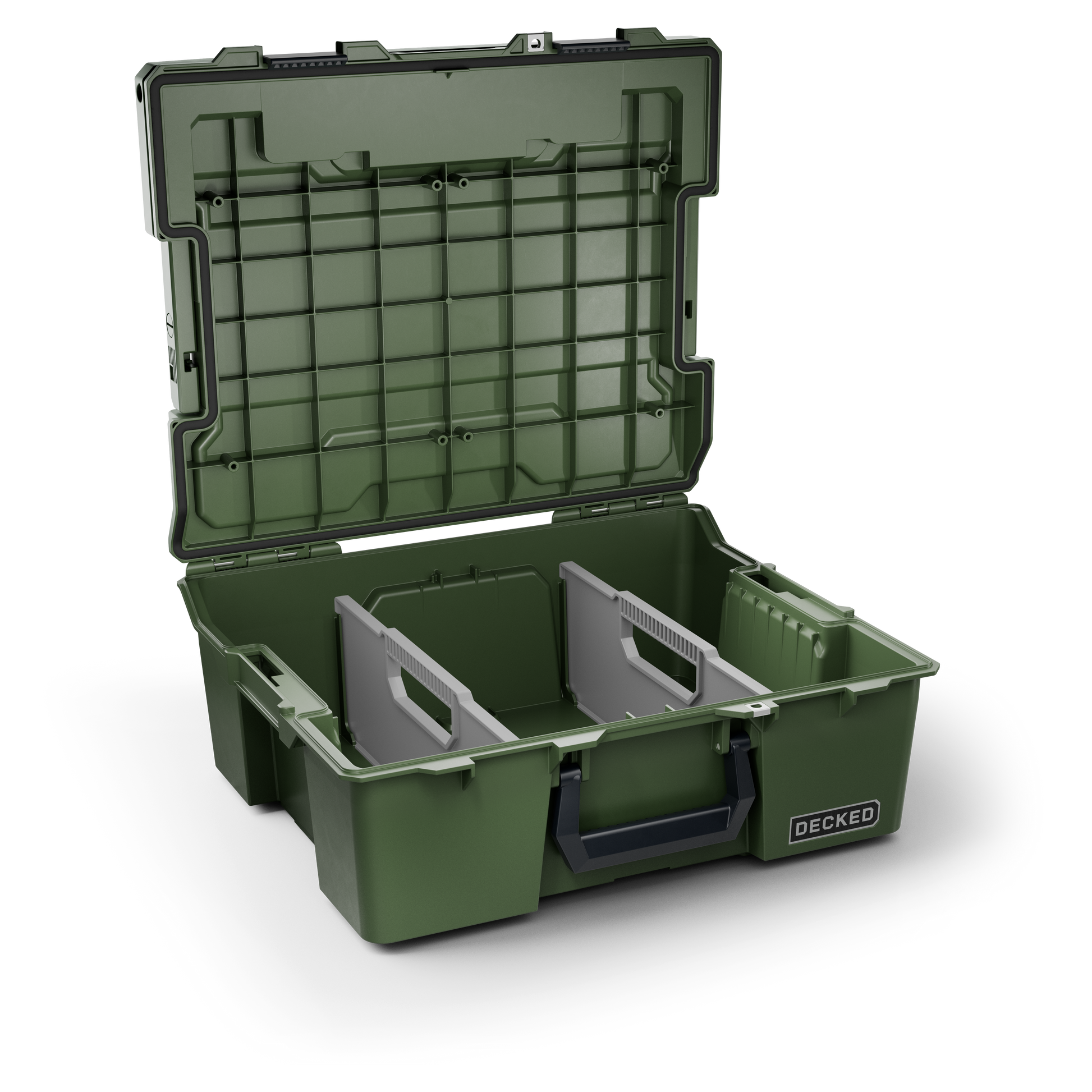 DECKED Halfrack 32 Case - Includes one (1) weatherproof 32-liter latching case and two (2) Case Dividers - In Ranger Green with black latches by DECKED
