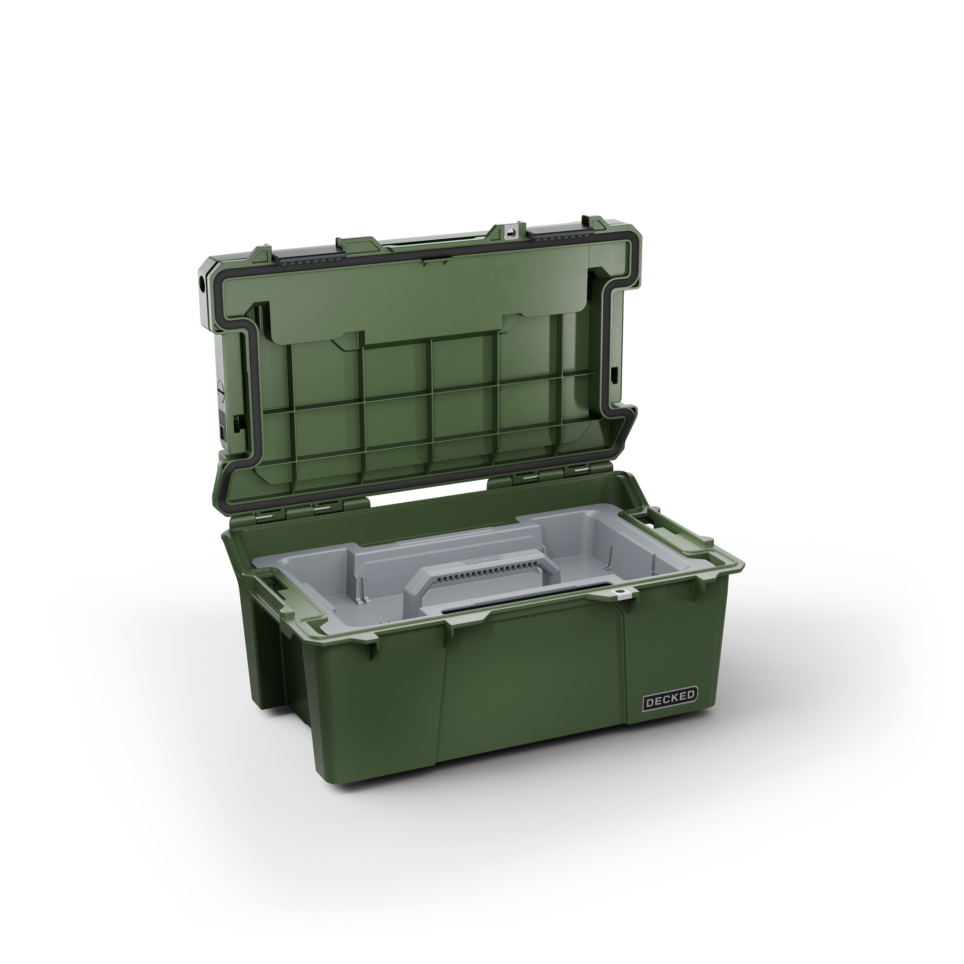 DECKED Sixer 16 Case - Includes one (1) weatherproof 16-liter latching case and one (1) Cargo Tray - In Ranger Green with black latches by DECKED