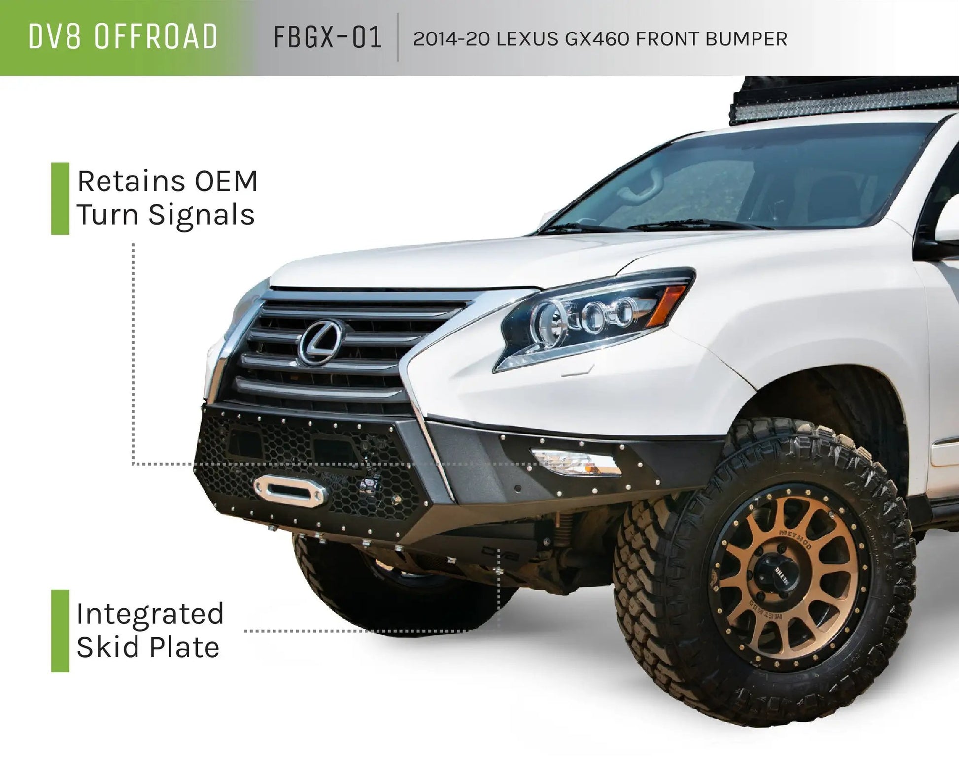 DV8 Offroad The FBGX-01 is a 3pc modular winch capable front bumper. Manufactured from steel & powder coated for protection the FBGX-01 accommodates the factory sensors, utilizes the factory turn signals & offers auxiliary lighting positions. by DV8 Offroad