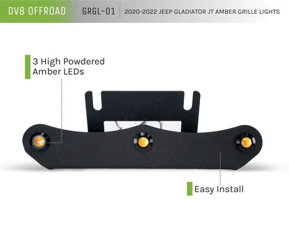 DV8 Offroad Set of three amber accent lights that install inside the front grill of the 20+ Jeep Gladiator JT. The mounting bracket is constructed from steel & powder coated & the LED lights allow your vehicle to be seen easier in low situations by DV8 Offroad