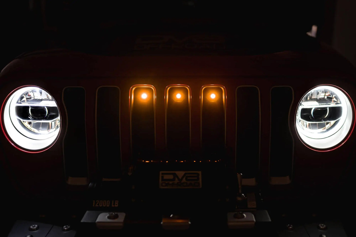 DV8 Offroad Set of three amber accent lights that install inside the front grill of the 20+ Jeep Gladiator JT. The mounting bracket is constructed from steel & powder coated & the LED lights allow your vehicle to be seen easier in low situations by DV8 Offroad