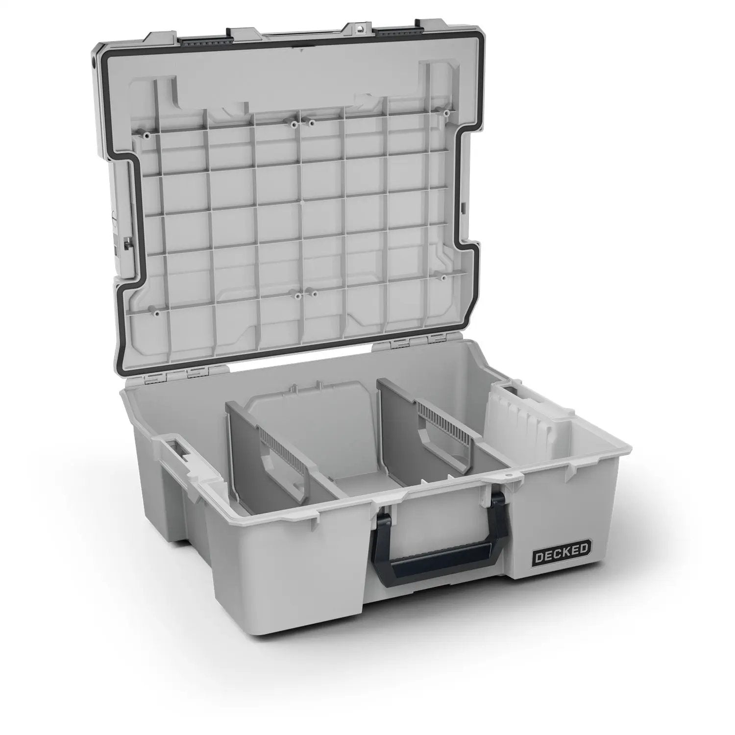 DECKED Halfrack 32 Case - Includes one (1) weatherproof 32-liter latching case and two (2) Case Dividers - In Cool Gray with black latches by DECKED
