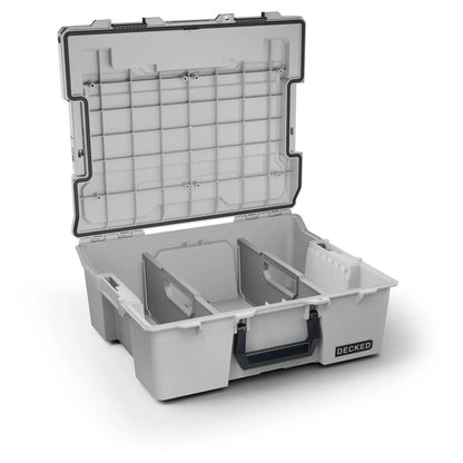 DECKED Halfrack 32 Case - Includes one (1) weatherproof 32-liter latching case and two (2) Case Dividers - In Cool Gray with black latches by DECKED