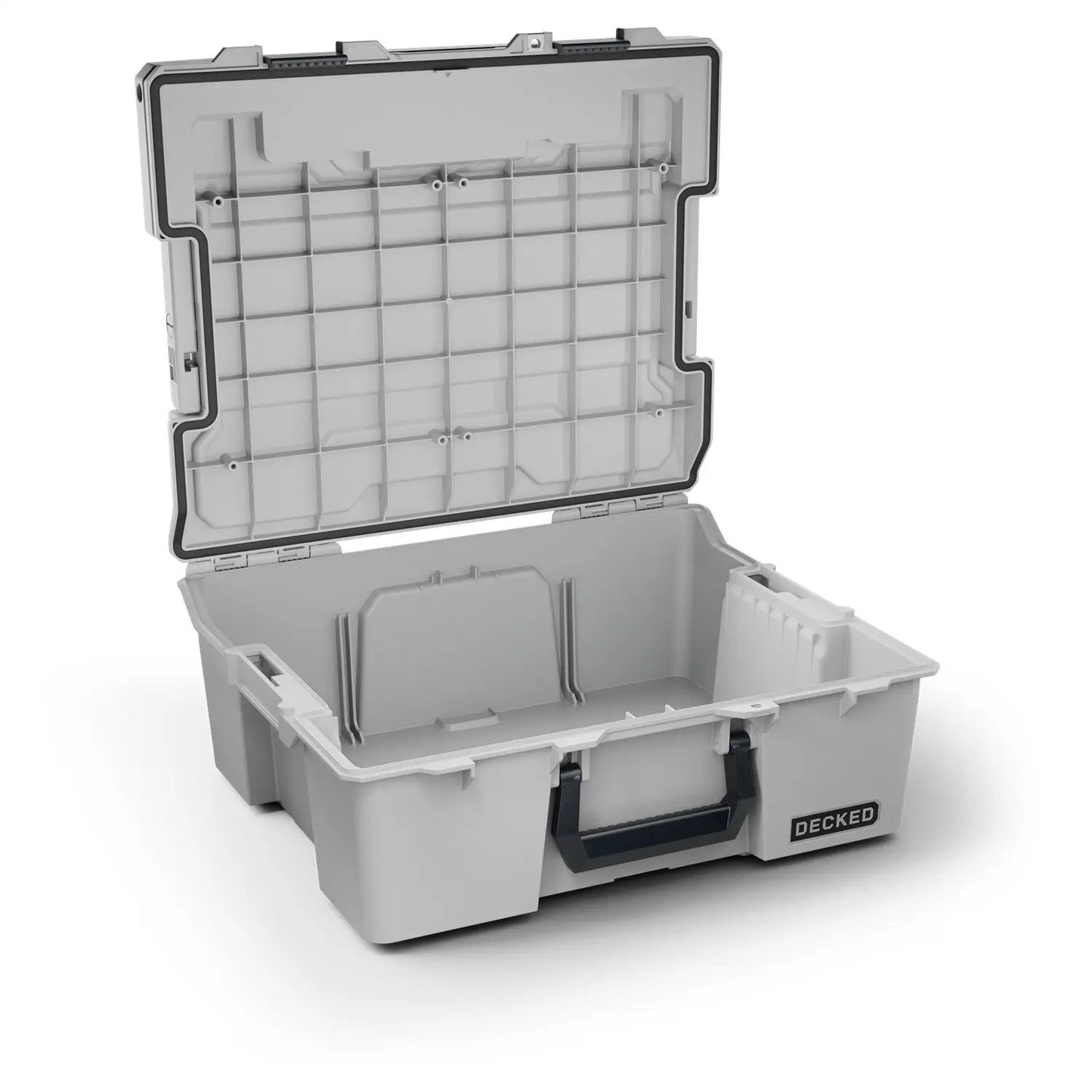 DECKED Halfrack 32 Case - Includes one (1) weatherproof 32-liter latching case and two (2) Case Dividers - In Cool Gray with black latches by DECKED