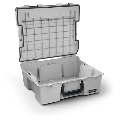 DECKED Halfrack 32 Case - Includes one (1) weatherproof 32-liter latching case and two (2) Case Dividers - In Cool Gray with black latches by DECKED