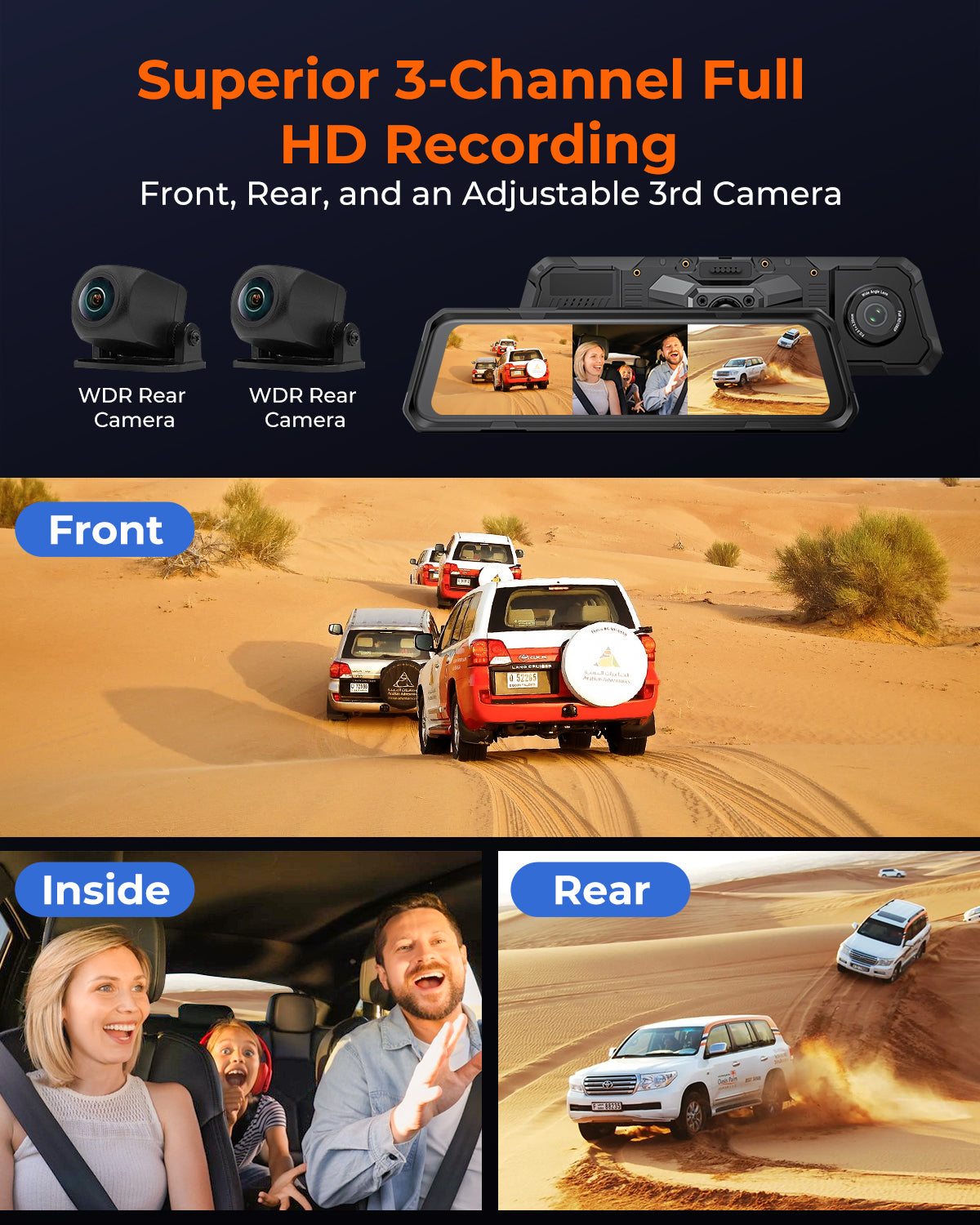 Acumen The Legend 3ch Waterproof Rear View Mirror Dash Cam with 1080P 60fps Front+ Rear+ Bumper/Cabin Cameras