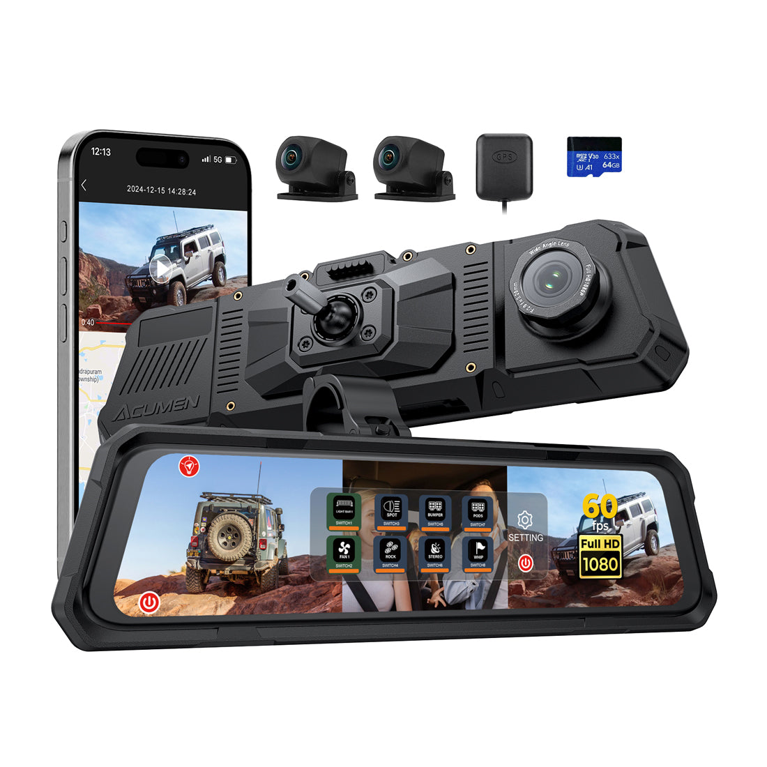 Acumen The Legend 3ch Waterproof Rear View Mirror Dash Cam with 1080P 60fps Front+ Rear+ Bumper/Cabin Cameras