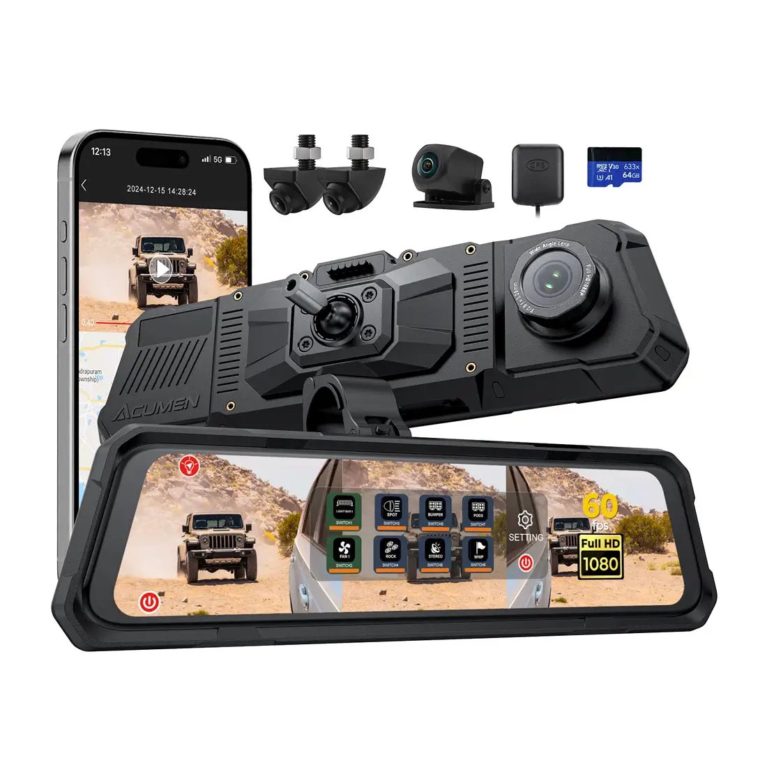 Acumen The Legend 4ch Waterproof Rear View Mirror Dash Cam with 1080P Front+ Rear+ Left/Right Side Cameras by Acumen Camera