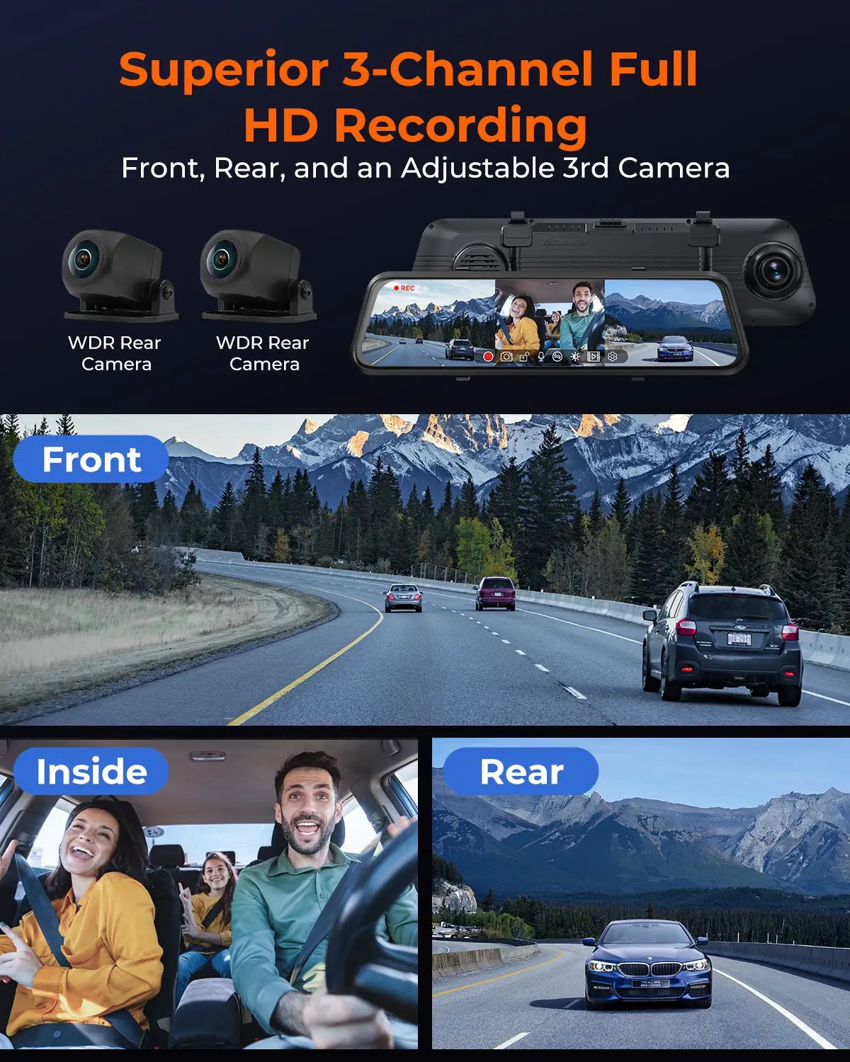 Acumen M4 3ch Mirror Dash Cam with 1080P 60fps Front+Rear+Bumper/Cabin Cameras, 12"IPS Touchscreen by Acumen Camera