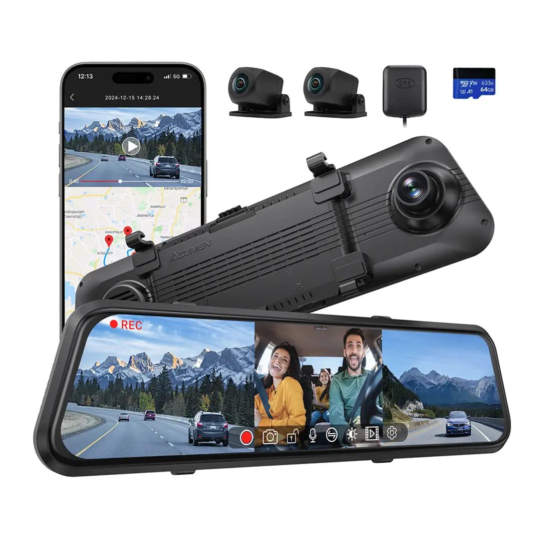 Acumen M4 3ch Mirror Dash Cam with 1080P 60fps Front+Rear+Bumper/Cabin Cameras, 12"IPS Touchscreen by Acumen Camera