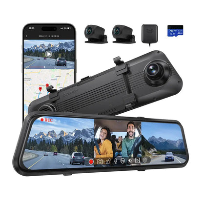 Acumen M4 3ch Mirror Dash Cam with 1080P 60fps Front+Rear+Bumper/Cabin Cameras, 12"IPS Touchscreen by Acumen Camera