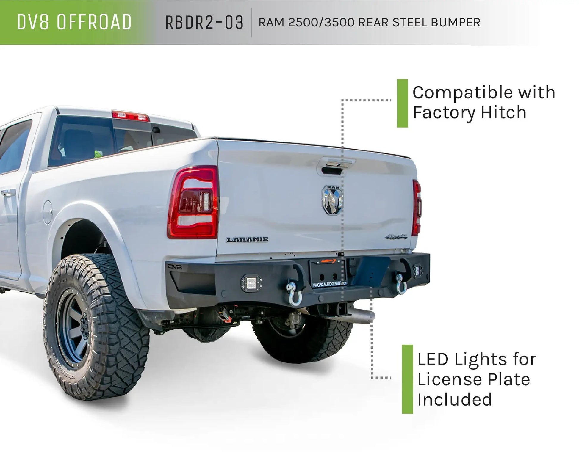 DV8 Offroad The RBDR2-03 is a rear bumper for the 2010+ Ram 2500/3500. Manufactured from steel & protected with a powder coat finish, the RBDR-03 includes corner footsteps, accommodates the factory hitch, & (2) flush mount LED lights & D-rings by DV8 Offroad