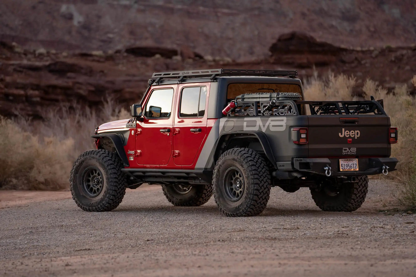 DV8 Offroad RRUN-01 is an adjustable bed mounted overland rack. The RRUN-01 is 8in. tall x 55in. wide and designed for both the Jeep Gladiator JT & Toyota Tacoma. Included are (2) Roto Pax mounts, (8) D-rings and a spot for a 6in. single row light bar by DV8 Offroad