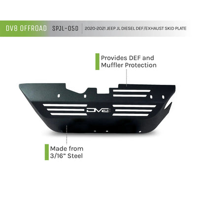 DV8 Offroad SPJL-05D is DEF Tank/Exhaust skid plate offering maximum protection. The heavy-duty skid plate encases the DEF tank & muffler and offers a heat barrier between the two to prevent the exhaust from over-heating the plastic DEF tank. by DV8 Offroad