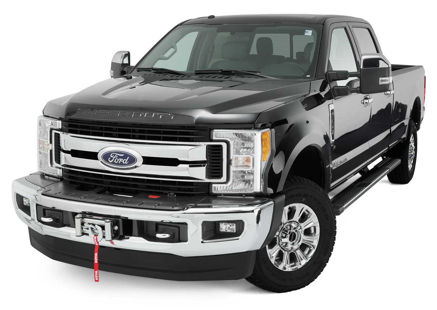Warn Mounts WARN Large frame winch (16.5ti, M15, M12) behind the factory bumper on Ford Super Duty vehicles. Moves bumper forward approximately 5 inches and requires 98336 skirting kit.