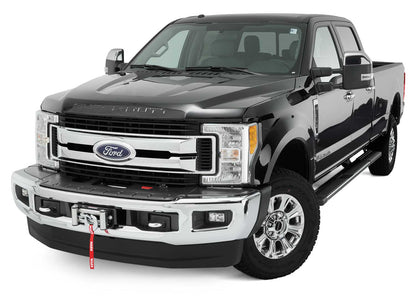 Warn Mounts WARN Large frame winch (16.5ti, M15, M12) behind the factory bumper on Ford Super Duty vehicles. Moves bumper forward approximately 5 inches and requires 98336 skirting kit.