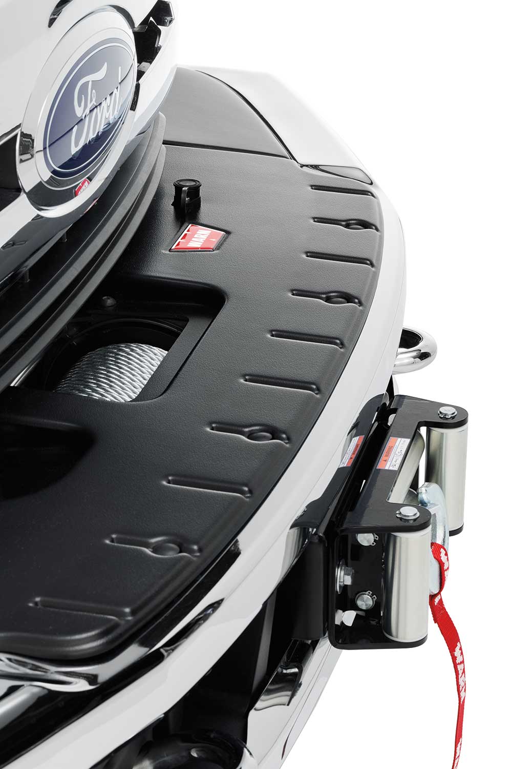 Warn Mounts WARN Large frame winch (16.5ti, M15, M12) behind the factory bumper on Ford Super Duty vehicles. Moves bumper forward approximately 5 inches and requires 98336 skirting kit.