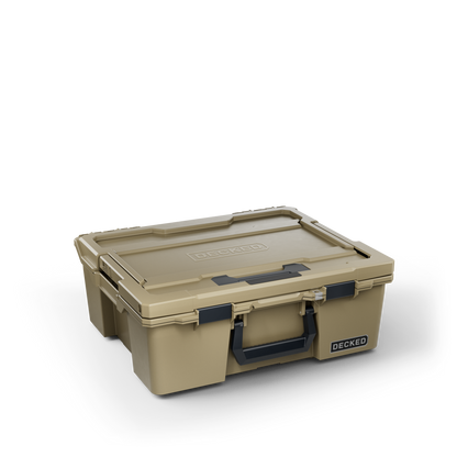 DECKED Halfrack 32 Case - Includes one (1) weatherproof 32-liter latching case and two (2) Case Dividers - In Desert Tan with black latches by DECKED