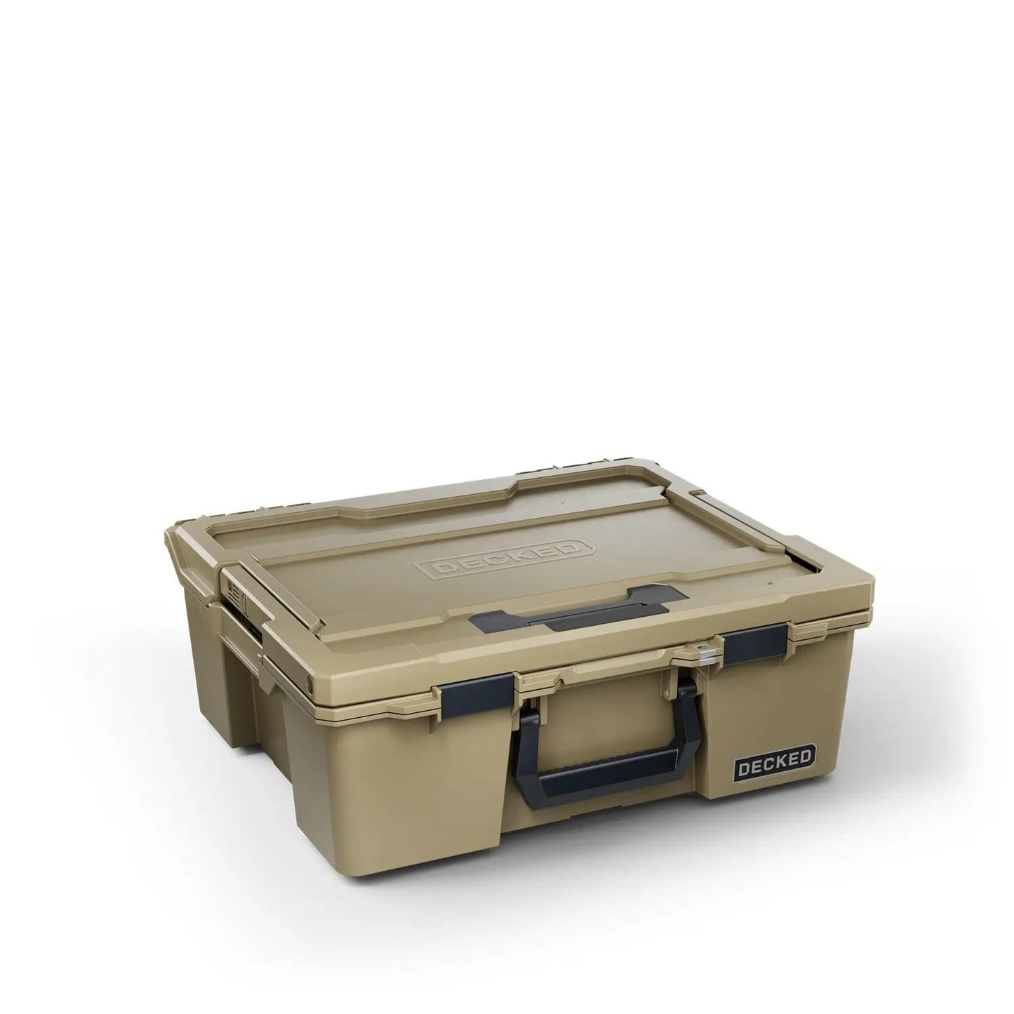DECKED Halfrack 32 Case - Includes one (1) weatherproof 32-liter latching case and two (2) Case Dividers - In Desert Tan with black latches by DECKED