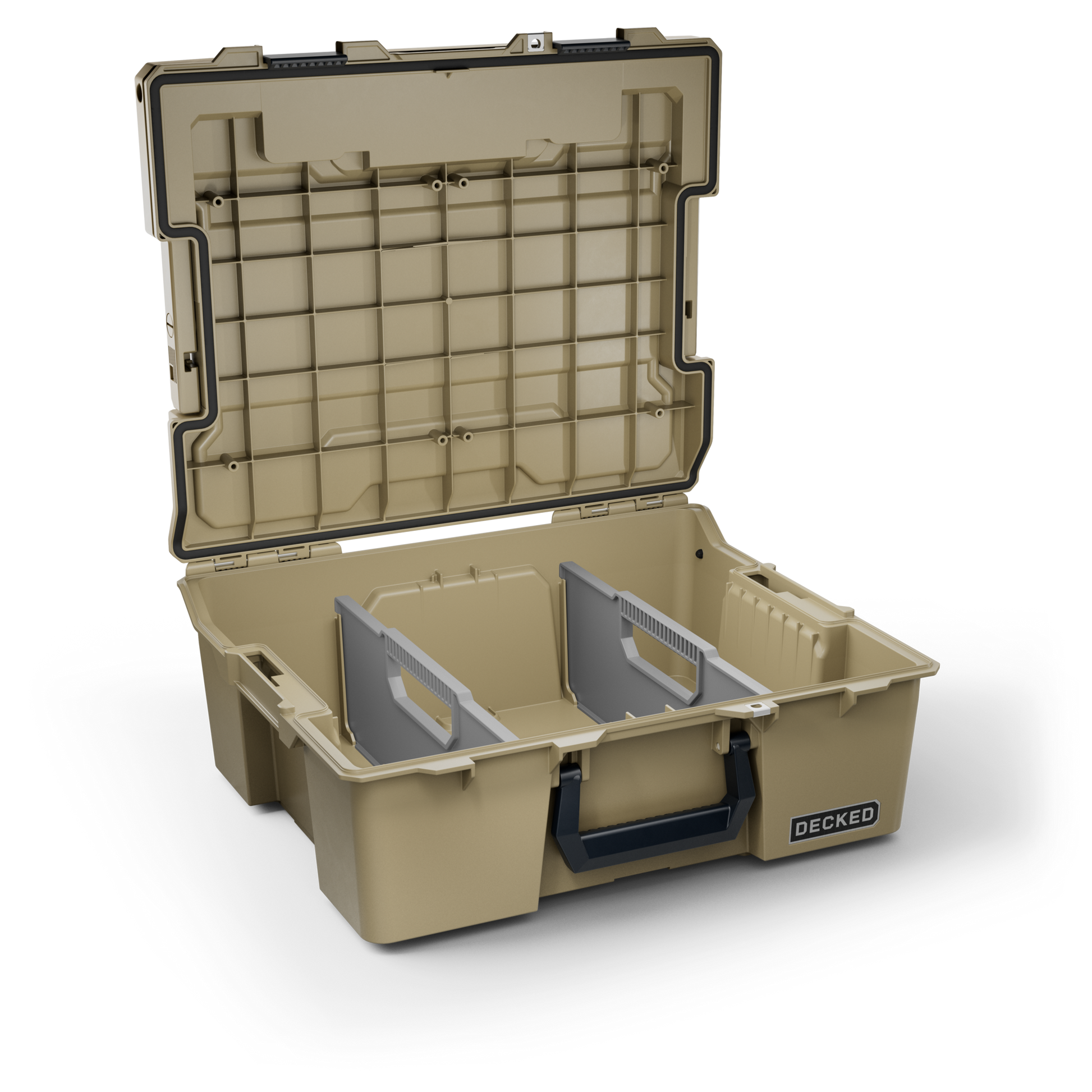 DECKED Halfrack 32 Case - Includes one (1) weatherproof 32-liter latching case and two (2) Case Dividers - In Desert Tan with black latches by DECKED
