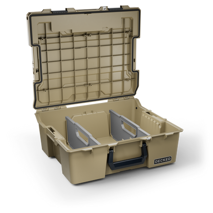 DECKED Halfrack 32 Case - Includes one (1) weatherproof 32-liter latching case and two (2) Case Dividers - In Desert Tan with black latches by DECKED
