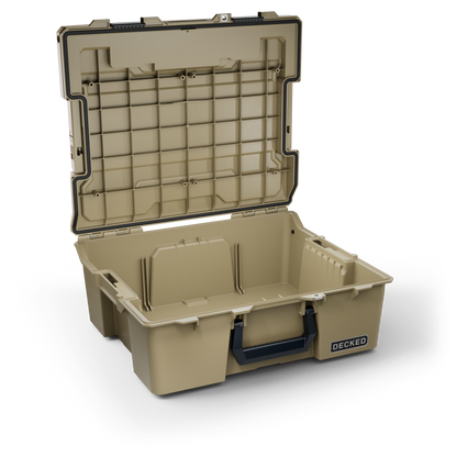 DECKED Halfrack 32 Case - Includes one (1) weatherproof 32-liter latching case and two (2) Case Dividers - In Desert Tan with black latches by DECKED